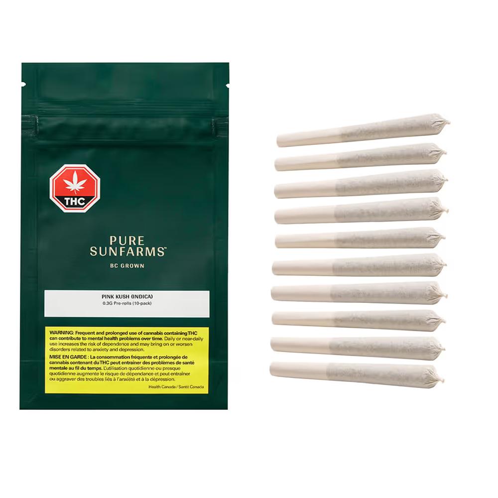 Pure Sunfarms, Pink kush indica pre-roll 10 pack, green package and image of 10 pre-rolls
