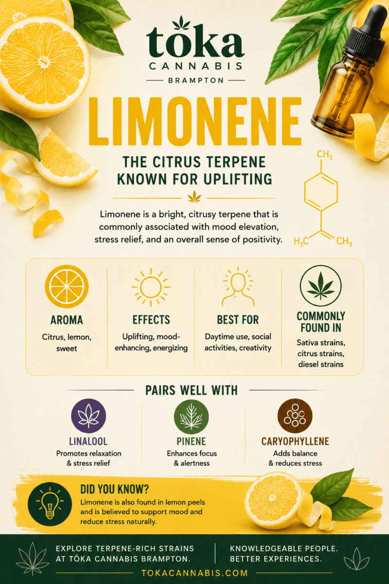 Educational infographic from Toka Cannabis in Brampton explaining the cannabis terpene Limonene, including its citrus aroma, uplifting and mood-enhancing effects, common strain types, and terpene pairings with Pinene and Caryophyllene.