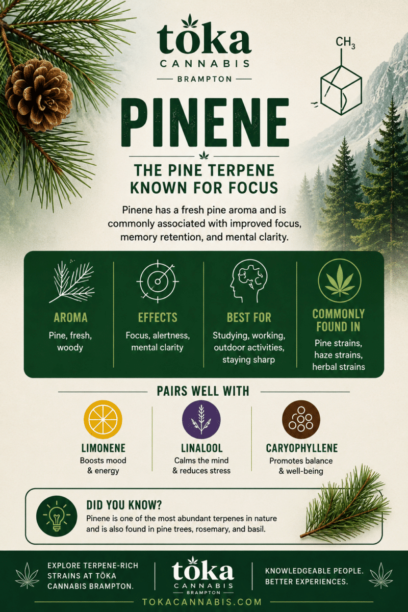 Pinene terpene infographic by Toka Cannabis Brampton featuring pine aroma, focus-enhancing effects, cannabis terpene education, and common strain pairings.