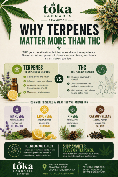 Infographic from Toka Cannabis in Brampton comparing terpenes and THC in cannabis, explaining how terpenes influence aroma, flavor, mood, and effects through the entourage effect, while highlighting Myrcene, Limonene, Pinene, and Caryophyllene.